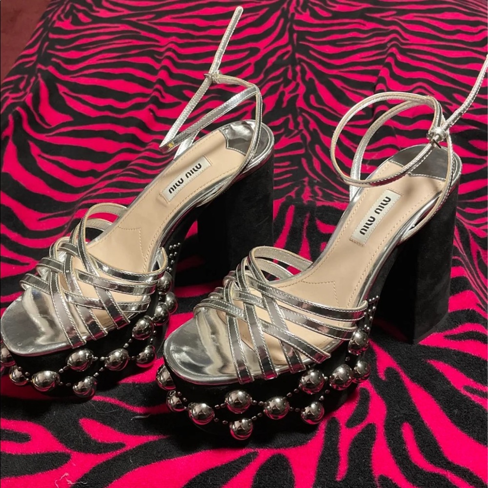 Miu Miu Silver Stud Ball High Heel Platform Sz 7 - image 1